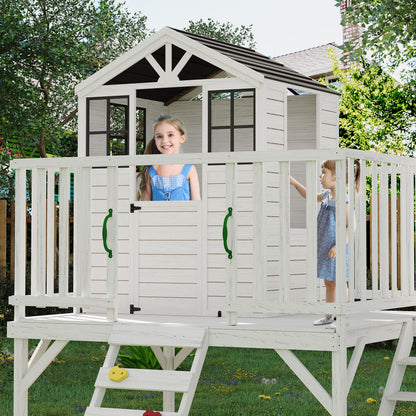 2 Story Wooden Playhouse with Climbing Wall, Outdoor Wooden Playhouse with Step Ladder, Elevated Modern Cedar Playhouses Kids