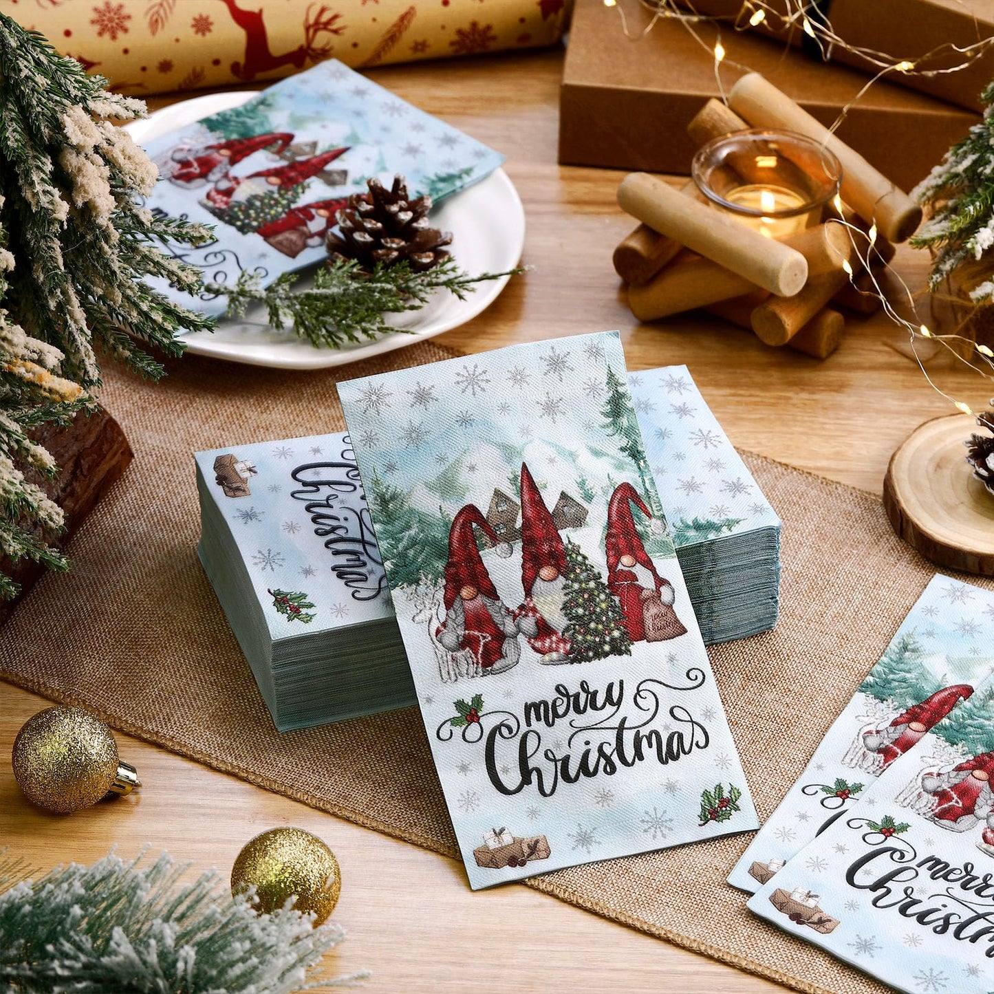 Saypacck 100 Pcs Christmas Winter Disposable Paper Guest Towels for Bathroom 2 Ply Decorative Gnome Napkins Christmas Hand Towels Xmas Napkins for Decoupage Winter Party Kitchen Dinner Table Decor