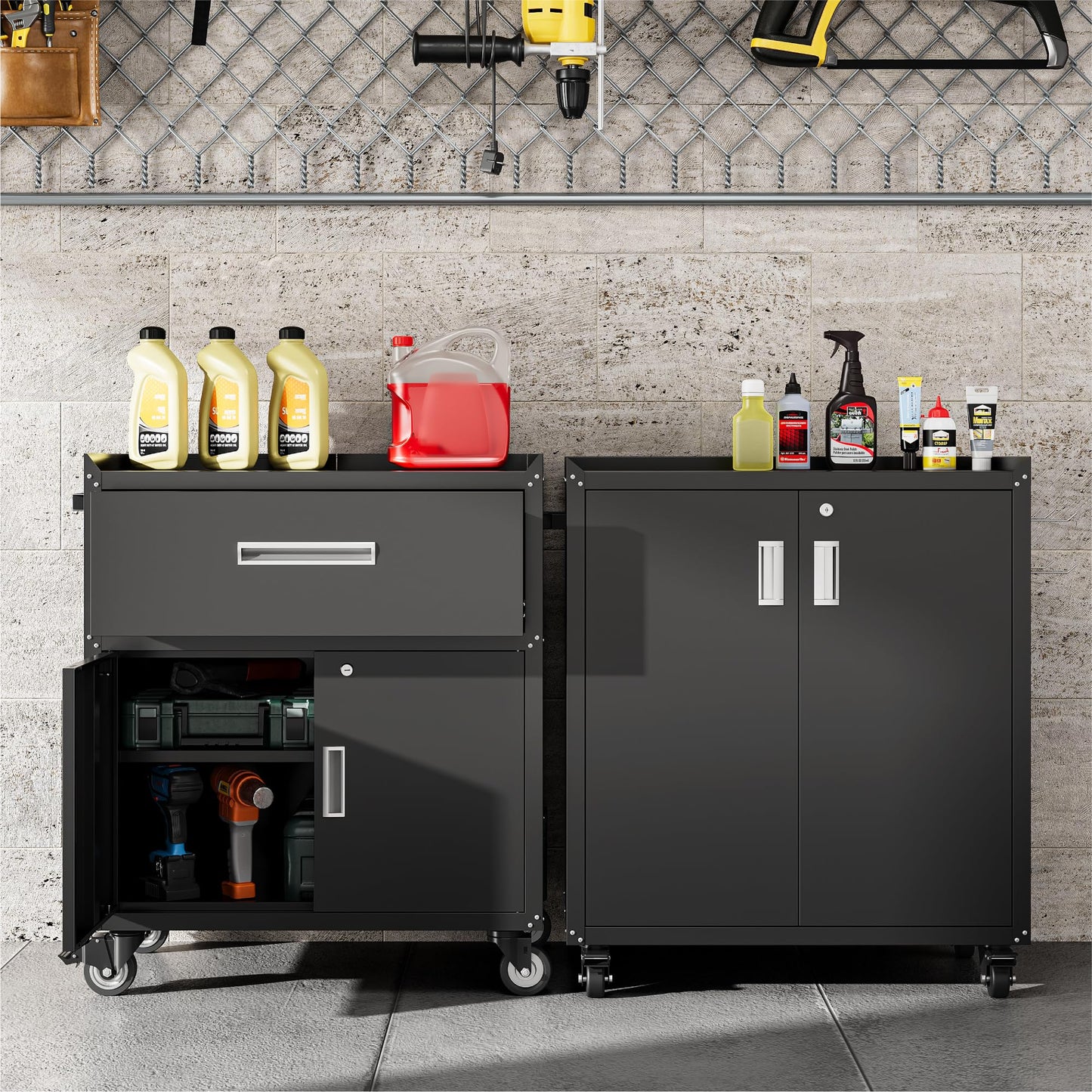 COFaR Heavy-Duty Rolling Storage Cabinet, 2-Door Metal Garage Cabinet with 2 Adjustable Shelves, Lockable Wheels & Locking Doors, 35"H Large Capacity Tool Chest for Workshop, Garage, Warehouse - Black