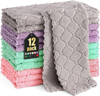 Homaxy 12 Pack Kitchen Dish Cloths (10 x 10 Inches, Grey), Super Soft and Absorbent Coral Velvet Dish Towels, Nonstick Oil Fast Drying Microfiber Cleaning Cloth, No Lint Household Dishcloths