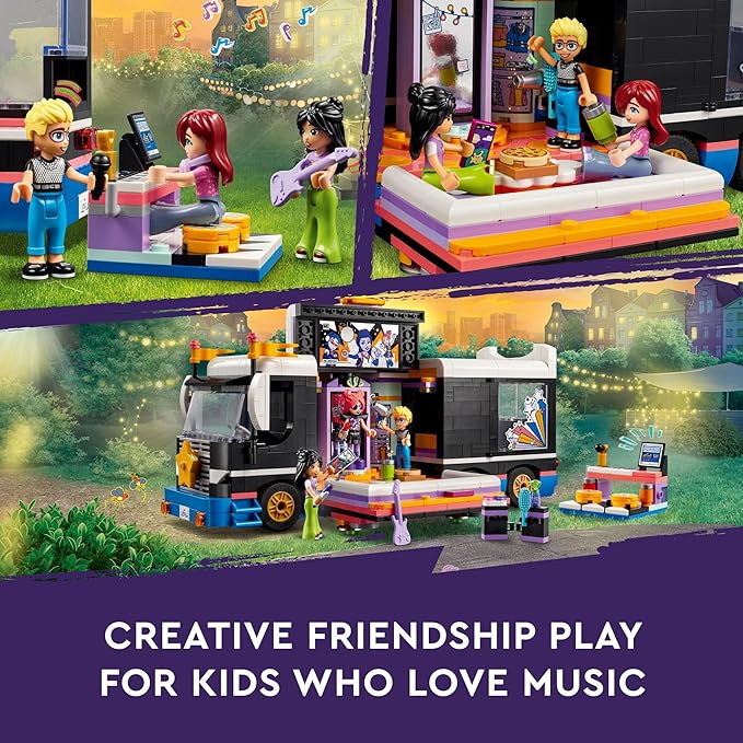 LEGO Friends Pop Star Music Tour Bus Play Together Toy Social-Emotional Musical Toy with 4 Mini-Doll Characters Toy Truck Building Kit Music Gift for 8 Year Old Kids Girls and Boys 42619