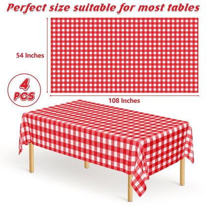 4Pack Plastic Table Cloth Ddisposable, 54" x 108" Table Cloth Rectangle Table, Waterproof Red and White Checkered Tablecloth, Outdoor Picnic Table Cover for Birthday Party Gathering Holiday Dinner