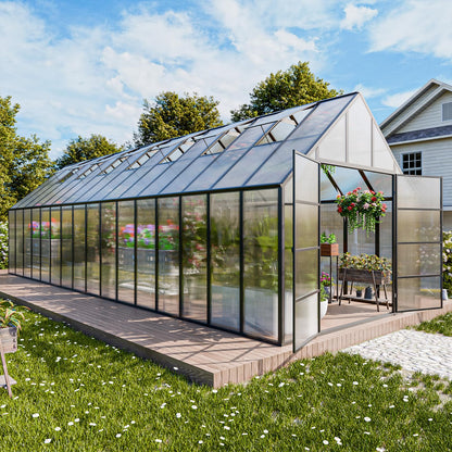 CDCASA 10x32 FT Greenhouse for Outdoors,Large Easy Assembly Thicker Aluminum Polycarbonate Greenhouses w/7 Windows, Double Doors, Walk-in Green House for Outside,Patio,Backyard,Garden