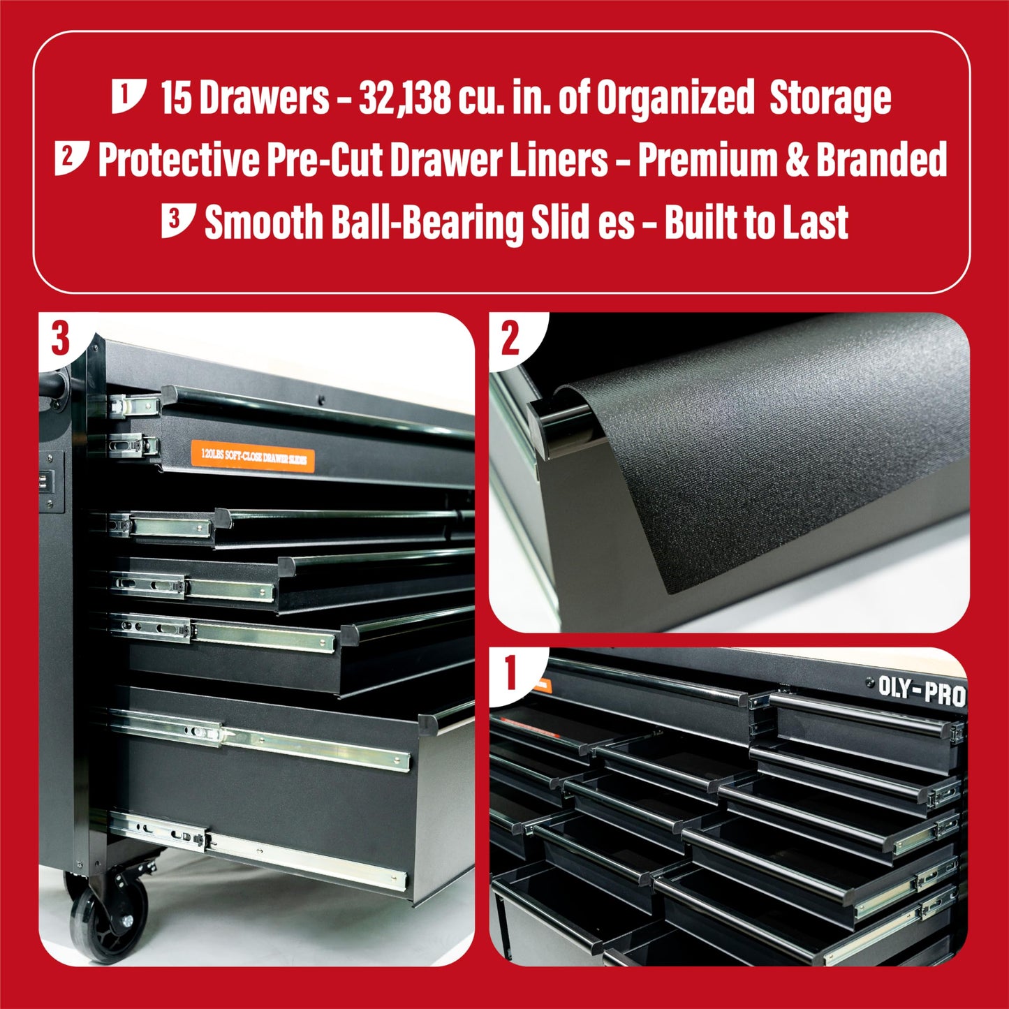 Olympia Tools 72 inch Heavy Duty Mobile Tool Chest Tool Box, with Solid Wood Top Workbench, 15-Drawer Rolling Tool Chest, Tool Storage Organizer for Garage, Workshop, and Home, Black