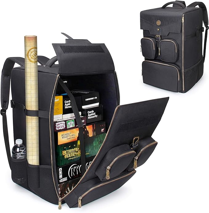 ENHANCE Board Game Backpack - Reinforced Rigid Board Game Storage with Padded Shoulder Straps Carrying Handle and Accessories Pockets for Dice Cards More - Fits and Protects Tabletop Adventures