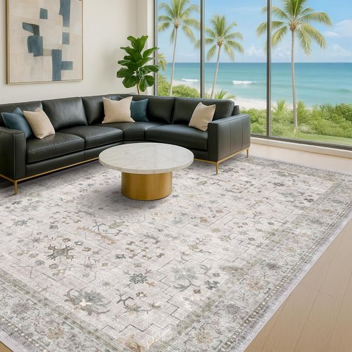 Hazo Haus Boho Light Grey Living Room Rug - Modern Vintage Floral Design | Extra Large 9x12, Washable Non-Slip