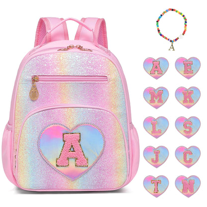 I IHAYNER Glitter Kids Backpack for School Travel & Daycare, Cute Pink Backpack with Initial, Lightweight Preschool Elementary Backpack for Girls, Personalized Gifts for Toddler & Little Girls