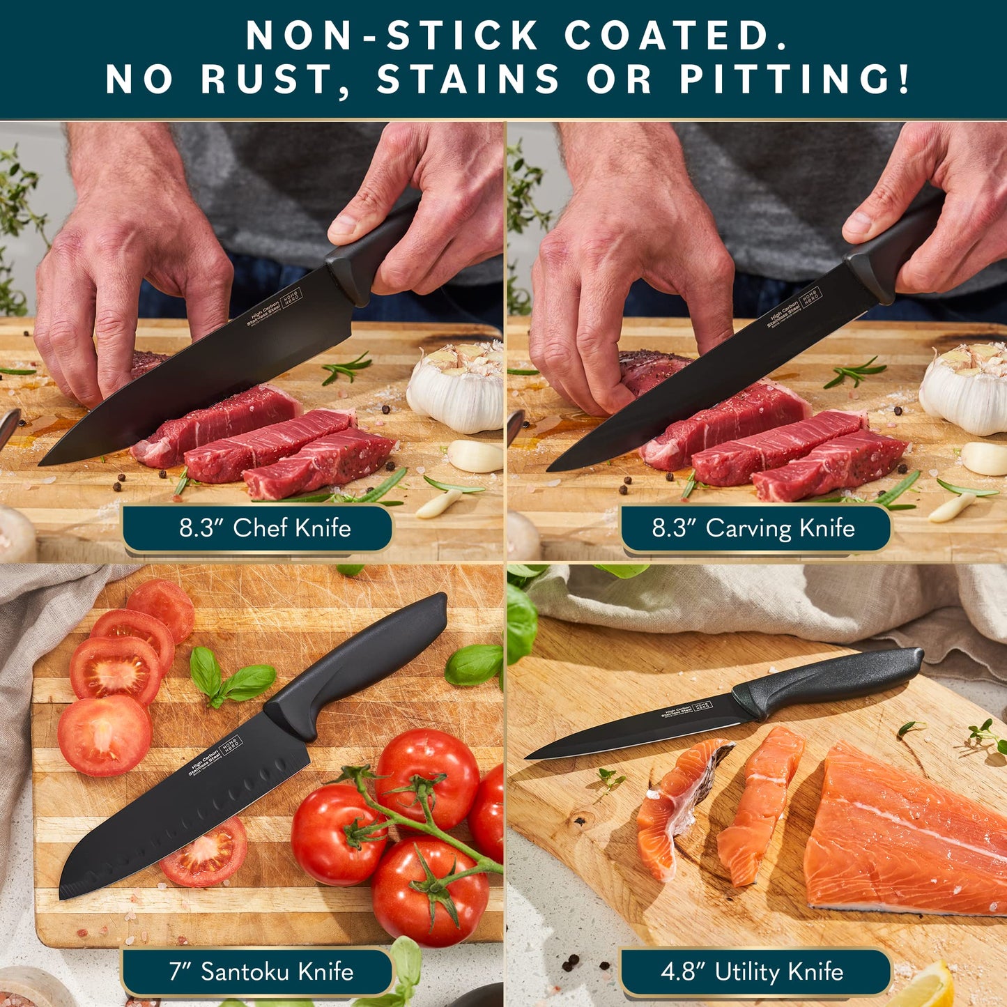 Home Hero Kitchen Knife Set with Sharpener - High Carbon Stainless Steel Knife Block Set with Ergonomic Handles (20 Pcs - Acrylic Black)