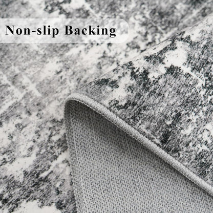 Skiennix Abstract 14ft Long Runner Rug - Non-Slip, Washable, Low-Pile | Soft Black/Grey Indoor Mat