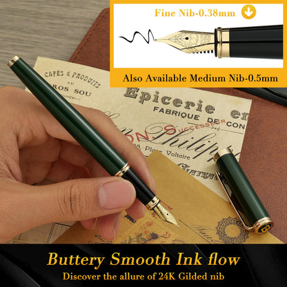BEILUNER Racing Green Fountain Pen,Stunning Luxury Pens with 24K Gold Finish, Gorgeous 24K Gilded Nib(Fine), Trustworthy Gift for Men&Women -Ink Converter-Elegant, Graduation,Fancy Pen for Writing