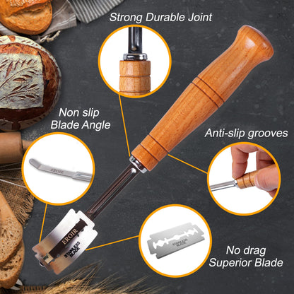 EROIR 13" Danish Dough Whisk Bread Lame Bowl Scraper Set - Dutch Sourdough Whisk Double Eye, Dough Scraper, Bread Scorer with 10 Blades and Leather Cover