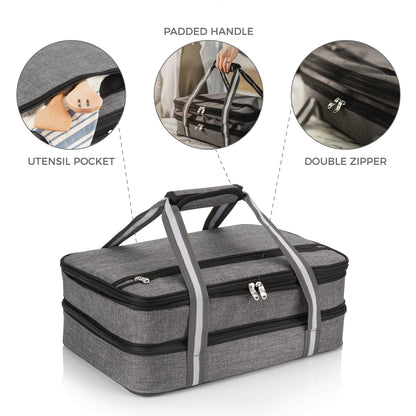 Stack Store Plus More Insulated Casserole Carrier for Hot or Cold Food, Lasagna Holder for Picnic, Potluck, Cookout - Fits 9” x 13” and 11” x 15” Baking Dish – Expandable Double Thermal Bag in Gray
