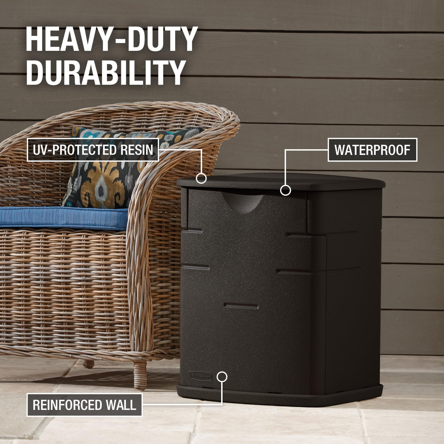 Rubbermaid Small Resin Outdoor Storage Deck Box (19 Gal) Weather Resistant Brown Deck Organization for Home/Small Garden Tools/Grilling Accessories/Pool Supplies