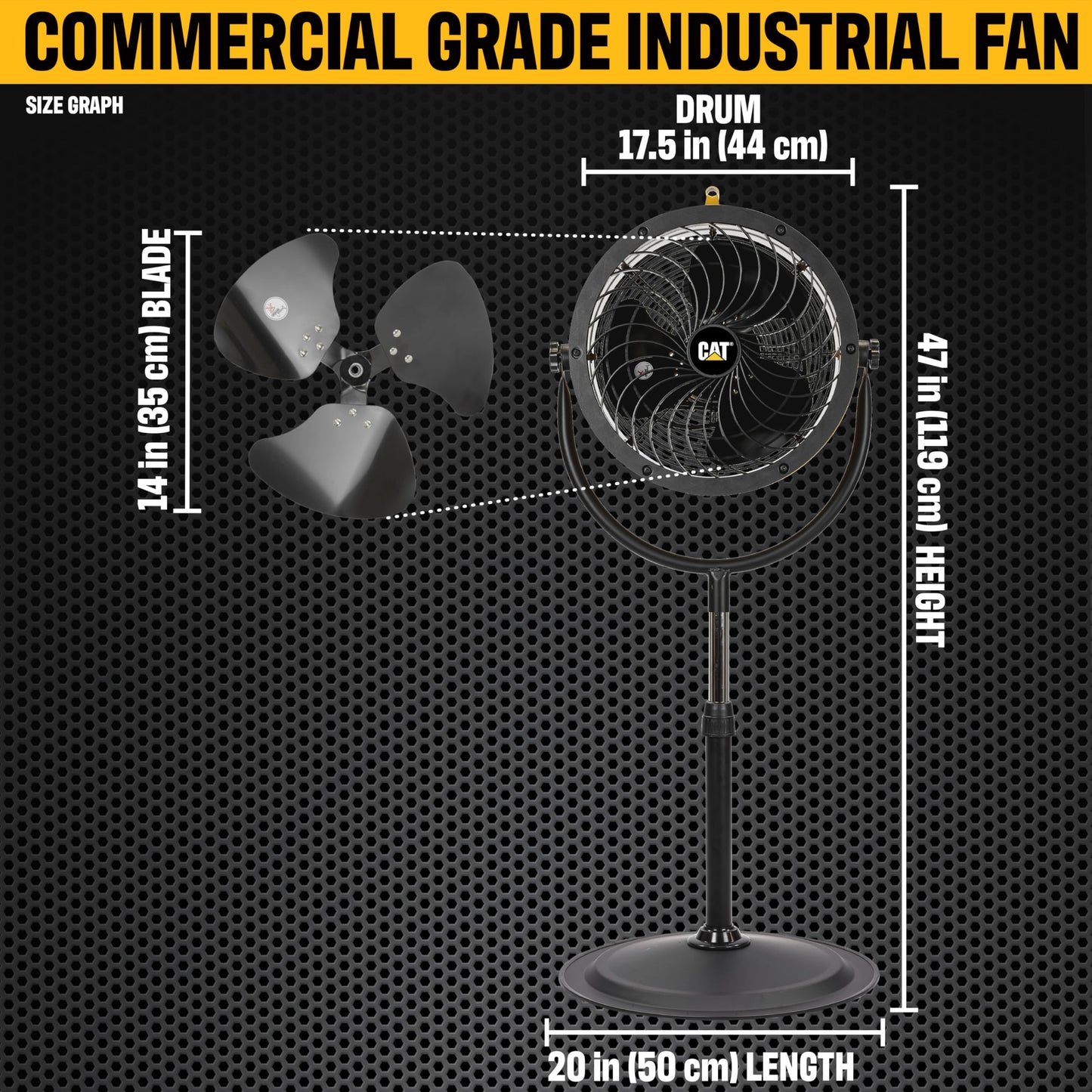 CAT fans - 14”-Blade High-Velocity Pedestal Drum Fan Industrial Grade (Yellow, 4-in-1): 2,300 CFM, 4-Speed, 360 Degree Adjustable Tilt, Dual Ball Bearing Motor with Die-Cast Cover (HVPD-14AC)