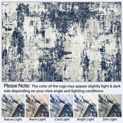 Area Rug Living Room Rugs: 5x7 Washable Rug with Anti-Slip Backing Non-Shedding Stain-Resistant Foldable Modern Abstract Carpet for Bedroom Dining Room Nursery Home Office - Gray/Blue
