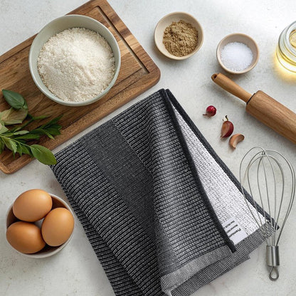 Mordimy Premium Kitchen Towels 6 Pack (18 x 28 Inches, Black), Large Cotton Kitchen Hand Towel, Flat & Terry Dish Towels for Drying Dishes, Super Absorbent Tea Dishtowels Set with Hanging Loop