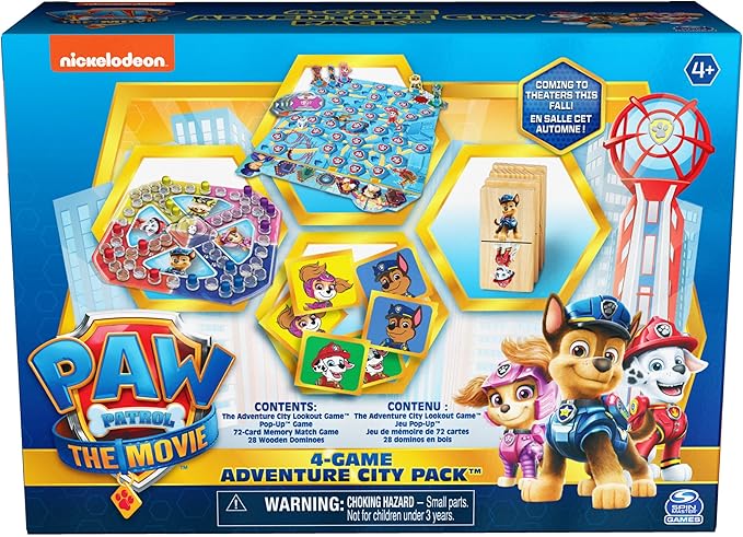 PAW Patrol: The Movie 4-Game Adventure City Pack Memory Match Pop-Up Wooden Dominoes &amp Lookout Games PAW Patrol Toys for Kids Ages 4 and up