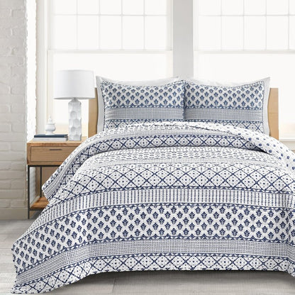 Lush Decor Monique Stripe Reversible Quilt Queen Size 3 Piece Set Full/Queen Navy & White - Striped Bedding Set Queen Quilt - Blue Quilts - Coastal Decor