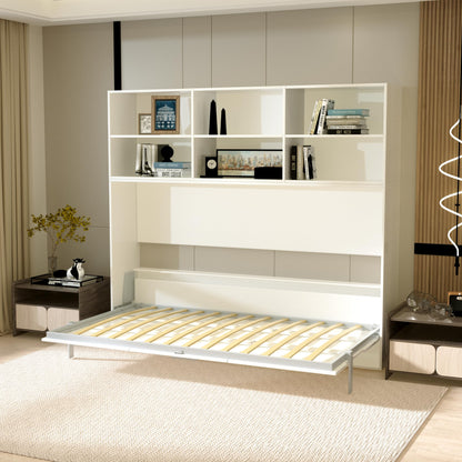Jintop Twin Size Horizontal Murphy Bed with Double Layer Shelf Storage,Wood Wall Cabinet Hideaway Platform Bedframe W Gas Struts,for Bedroom or Guestroom,White