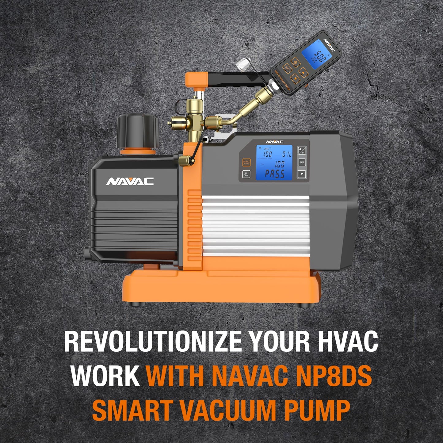 NAVAC Smart Vacuum Pump - 8 CFM Dual-Stage AC Motor, 15 Micron, Real-Time Readings with Digital Display & Compatible NMV1S Bluetooth Gauge, Compact HVAC Pump, Vacuum Gauge Not Included, 28.6 lbs