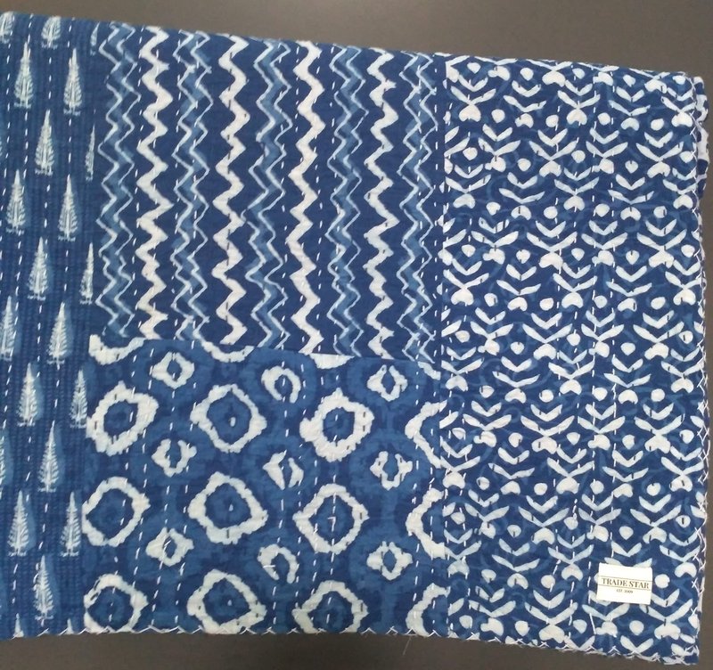 Trade Star Reversible Kantha Quilt Ethnic Cotton Queen Size Ajarak Bedspread Throw for Home Decor (Pattern 11)