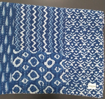 Trade Star Reversible Kantha Quilt Ethnic Cotton Queen Size Ajarak Bedspread Throw for Home Decor (Pattern 11)