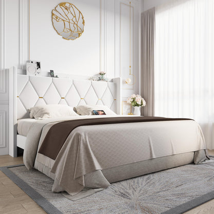 Allewie Velvet King Size Upholstered Bed Frame with Wingback Storage Headboard & Charging Station, Platform Bed with Diamond Tufted Design & Gold Trim, No Box Spring Needed, Easy Assembly, White