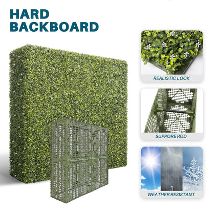 COARBOR 72" x 72" x 6" Artificial Boxwood Hedge Wall Milan with White Flowers Interior Divider Privacy Fence Faux Greenery Backdrop for Home Decor, Party Decor, Backyard Balcony Deck