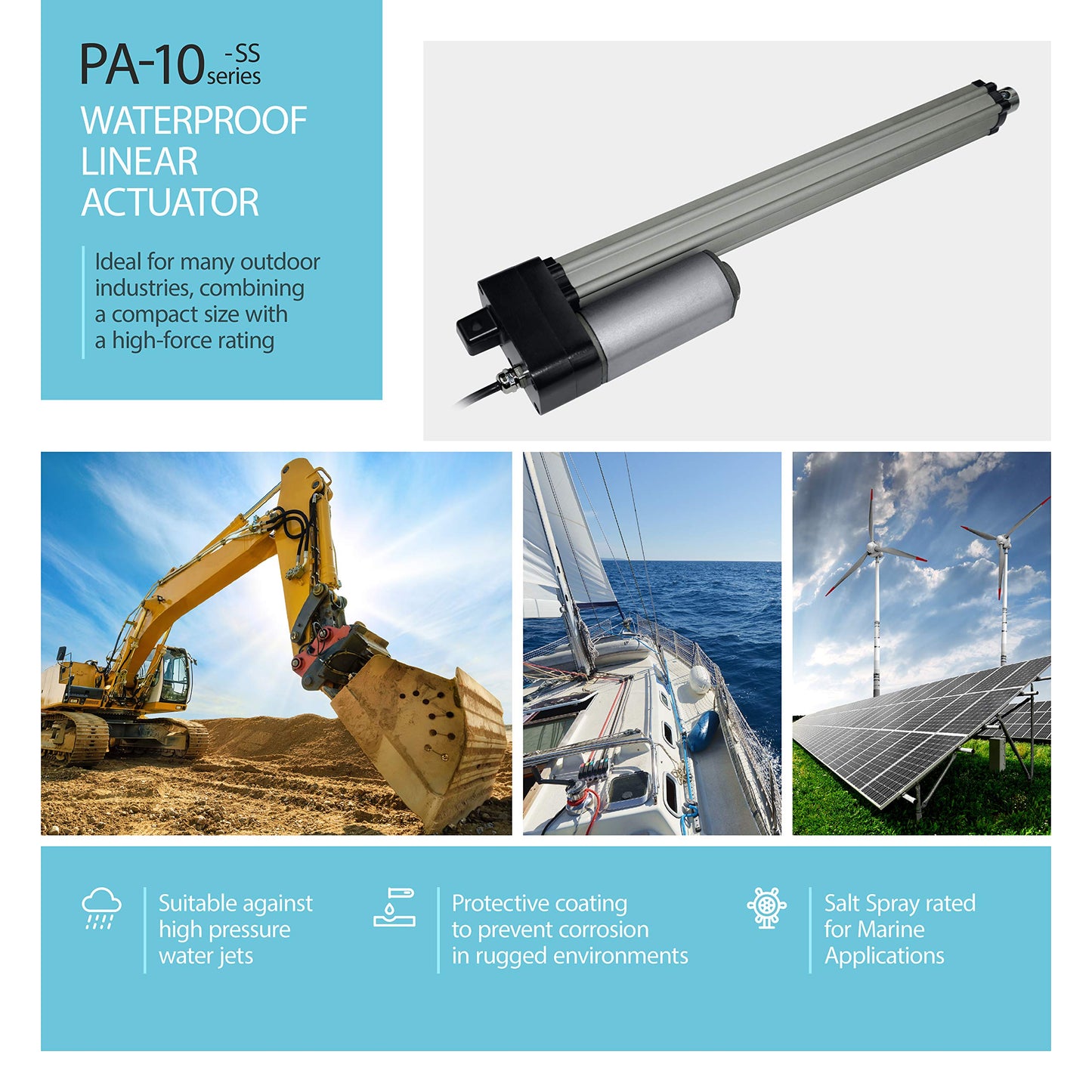 Progressive Automations 12V Water-Resistant Linear Actuator - 12 inches Stroke, 450 lbs Force, IP66 for Industrial, Solar Usage, Brushed DC Electric Motor and 400-Hour Salt Spray Rating, PA-10