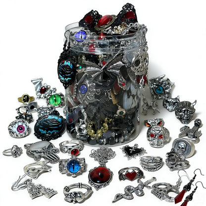 MINGRI Mystery Jewelry Jar,Gothic Jewelry Box for Women, Spooky Season Accessories Gift Set(30PCS Gothic Witch Punk Necklace,Earrings, Rings,Bracelets/Bangles),Unique Birthday & Party Favor for Her