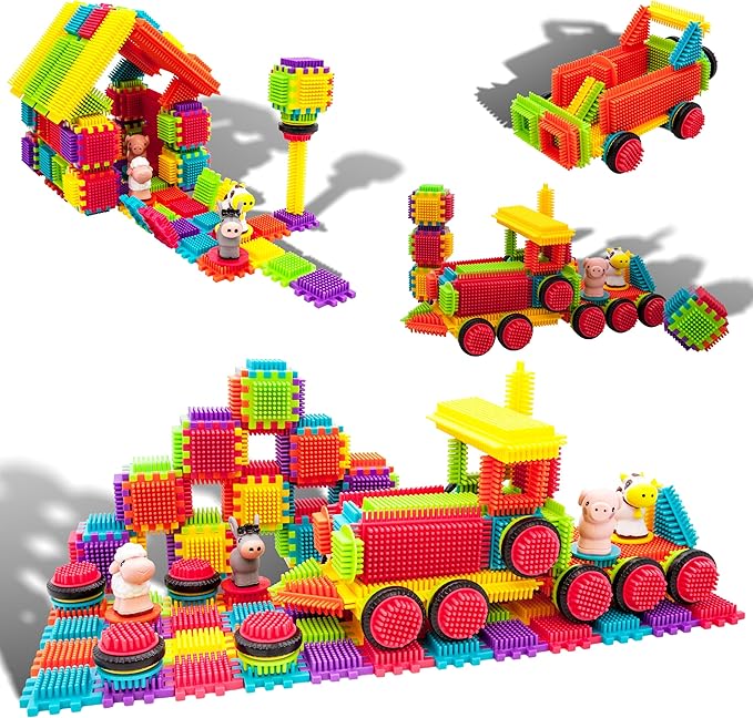 PicassoTiles PTB151 151pcs Hedgehog Lock Block STEM Building Tiles Truck Theme Set Learning Playset STEM Toy Set Educational Kit Child Brain Development Preschool Kindergarten Toy w/Animal Figures