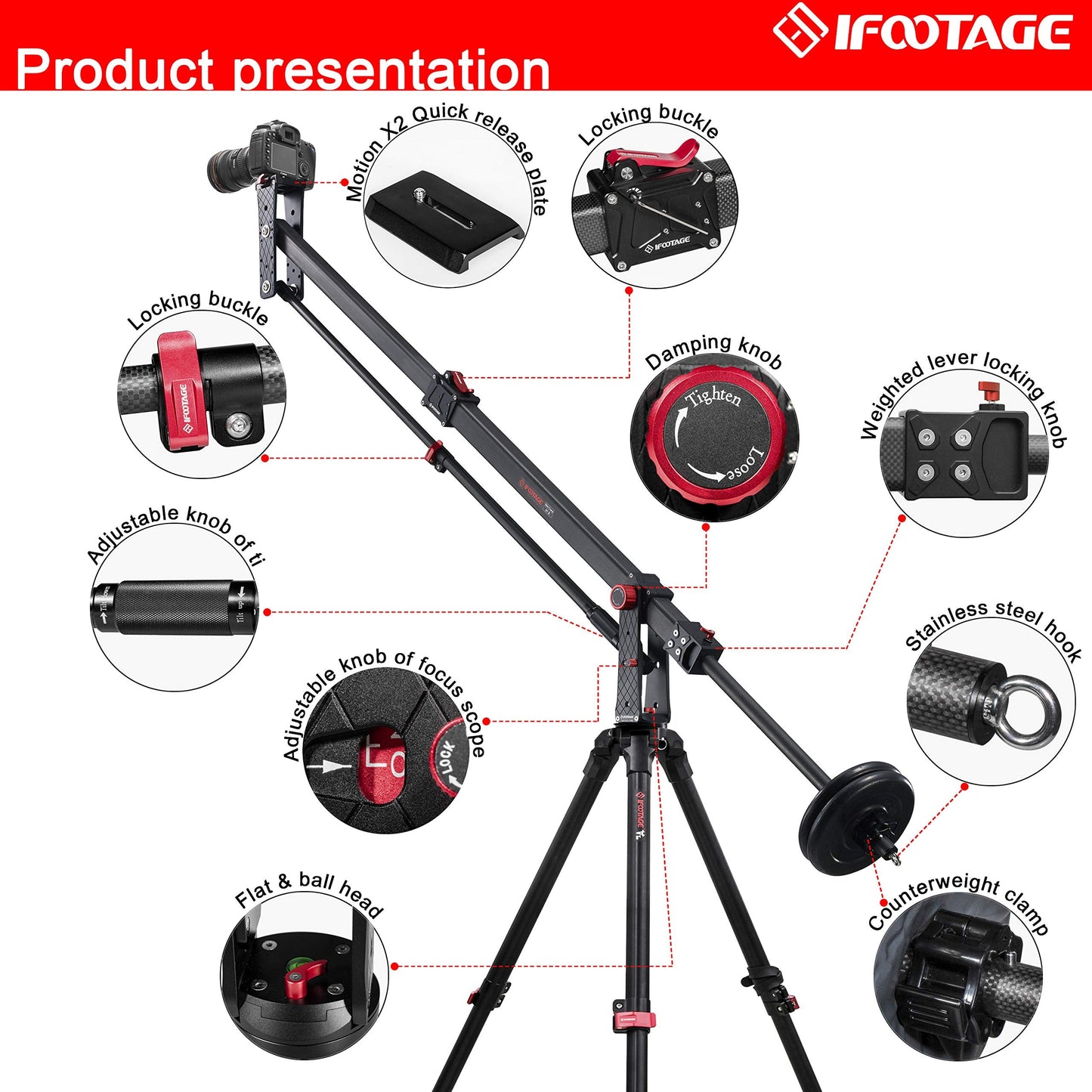 IFOOTAGE 85 inches Carbon Fiber Camera Mini Jib Crane M1 III (Hold up to 33lbs) Foldable and Extendable Jib Arm with 1/4 & 3/8 inch Quick Release Plate