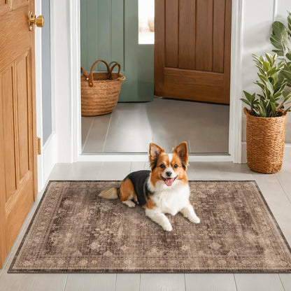 Skiennix Brown Boho Washable Entry Rug - Non-Slip Rubber Backing | 3x4 Indoor Door Mat in Earthy Taupe Floral Design