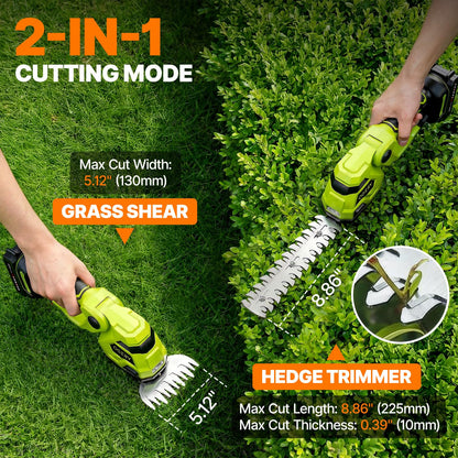 OGERY 21V Cordless Hedge Trimmer & Grass Shears, 2-in-1 Powerful Dual Batteries Electric Bush Trimmer with 8.9” Hedge Blade & 5.1” Grass Trimmer, Adjustable Angle, Lightweight for Garden & Lawn Care