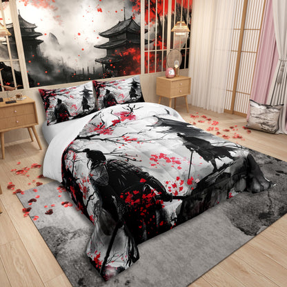 Feelyou Japanese Samurai Comforter Set Queen Size Kids Ukiyoe Comforter for Boys Girls Cherry Blossoms Bedding Set Japanese-Style Duvet Set