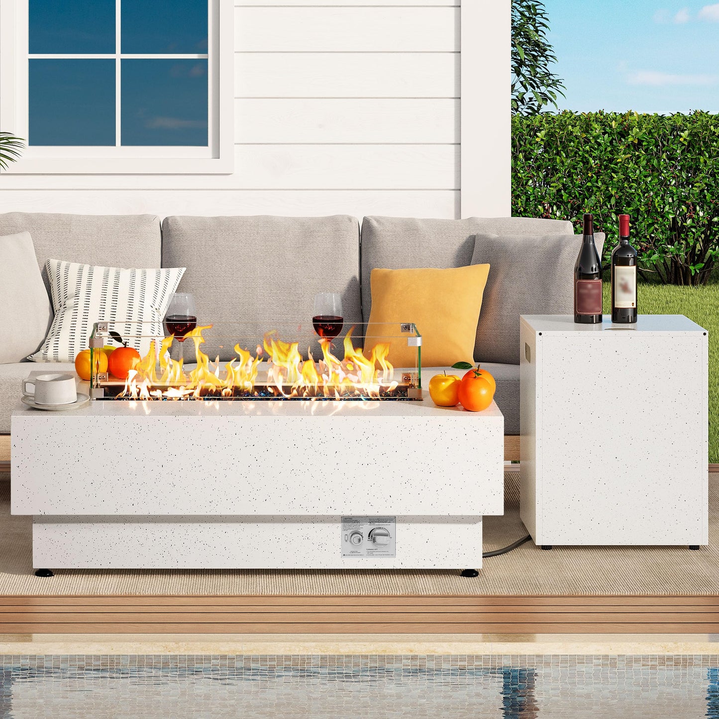 IRONCK 43-inch Outdoor Propane Fire Pit Table w Tank Table, CSA Certified, 2 in 1 Rectangular Patio Fire Pit w Glass Rocks, Wind Guard and Cover, 50000 BTU Outdoor Heater for Garden, Pool, White
