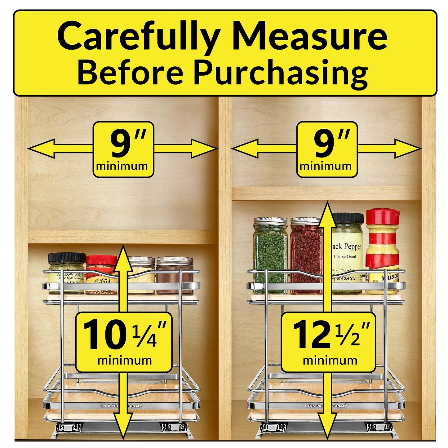 LYNK PROFESSIONAL® Pull Out Spice Rack Organizer for Inside Kitchen Cabinets - 4-1/4 inch Wide - Slide Out Drawer – Chrome Sliding Spice Cabinet Organization Shelf Racks - 2 Tier