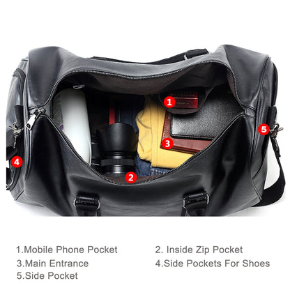 Leather Travel Bag with Shoe Pouch, Waterproof Weekender Overnight Bag, Carry On Duffel Bag for Men Women-Black