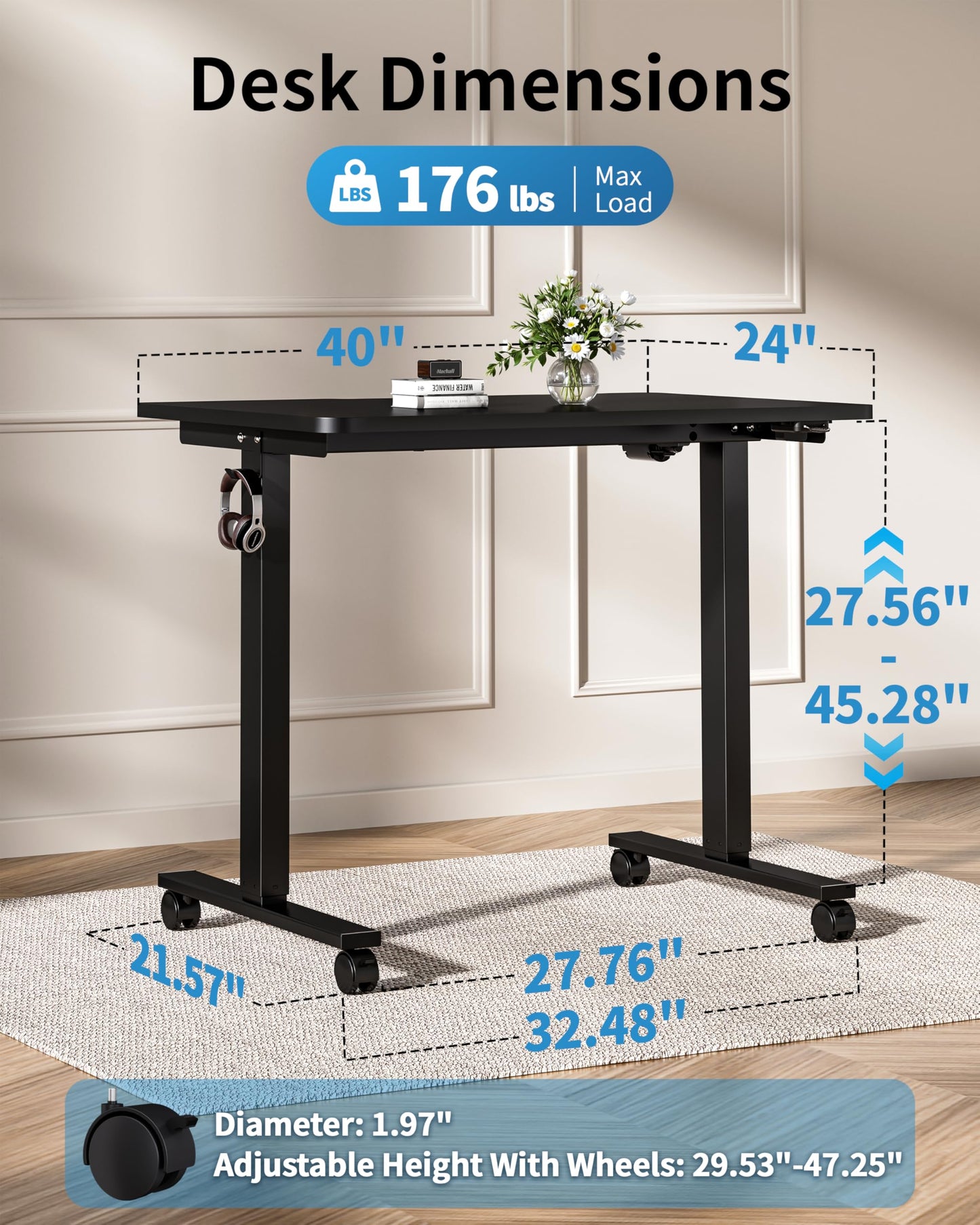 Okin Small Electric Standing Desk, 36 x 24 Inches Whole Piece Height Adjustable Desk, Black Sit to Stand Desks Computer Workstation with Wheels for Home Office