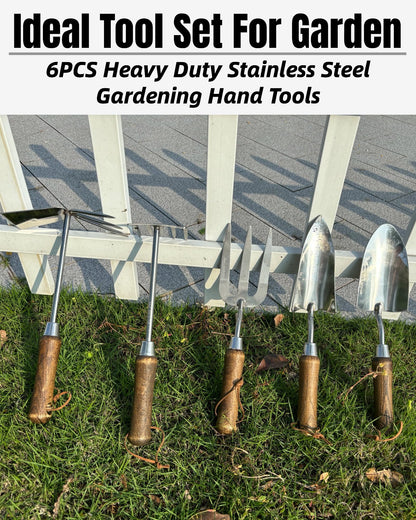 Garden Tool Set, 6PCS Heavy Duty Stainless Steel Gardening Hand Tools with Ropes, Includes Hand Cultivator Shovel Trowel Transplanter 2-in-1 Hoe Pruner Ideal Gardening Gifts for Women Men (Upgrade)