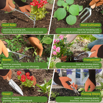 22Pcs Gardening Tools Set for Women Heavy Duty Garden Hand Tool Kit Garden Gifts for Mom Beginner Gardening Accessories with Tote Bag/Shovel/Repotting Mat/Plant Labels/Gloves-Black