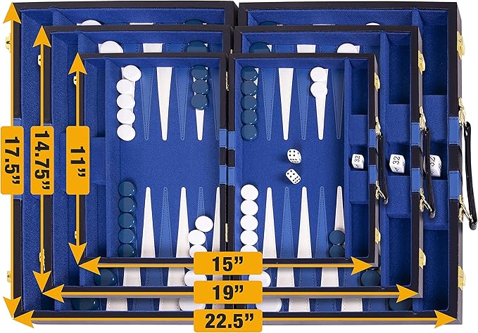 Premium Backgammon 15 Inches Medium Blue - Backgammon Sets for Adults and Kids - Leatherette Back Gammon Board Game Set - Travel Backgammon Set Board Encased with Accessories