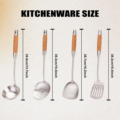 FJNATINH Skimmer Ladle, 15.4inches spatula for wok, 304 Stainless Steel wok spatula,Wooden Handle