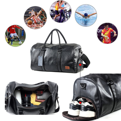 Leather Travel Bag with Shoe Pouch, Waterproof Weekender Overnight Bag, Carry On Duffel Bag for Men Women-Black