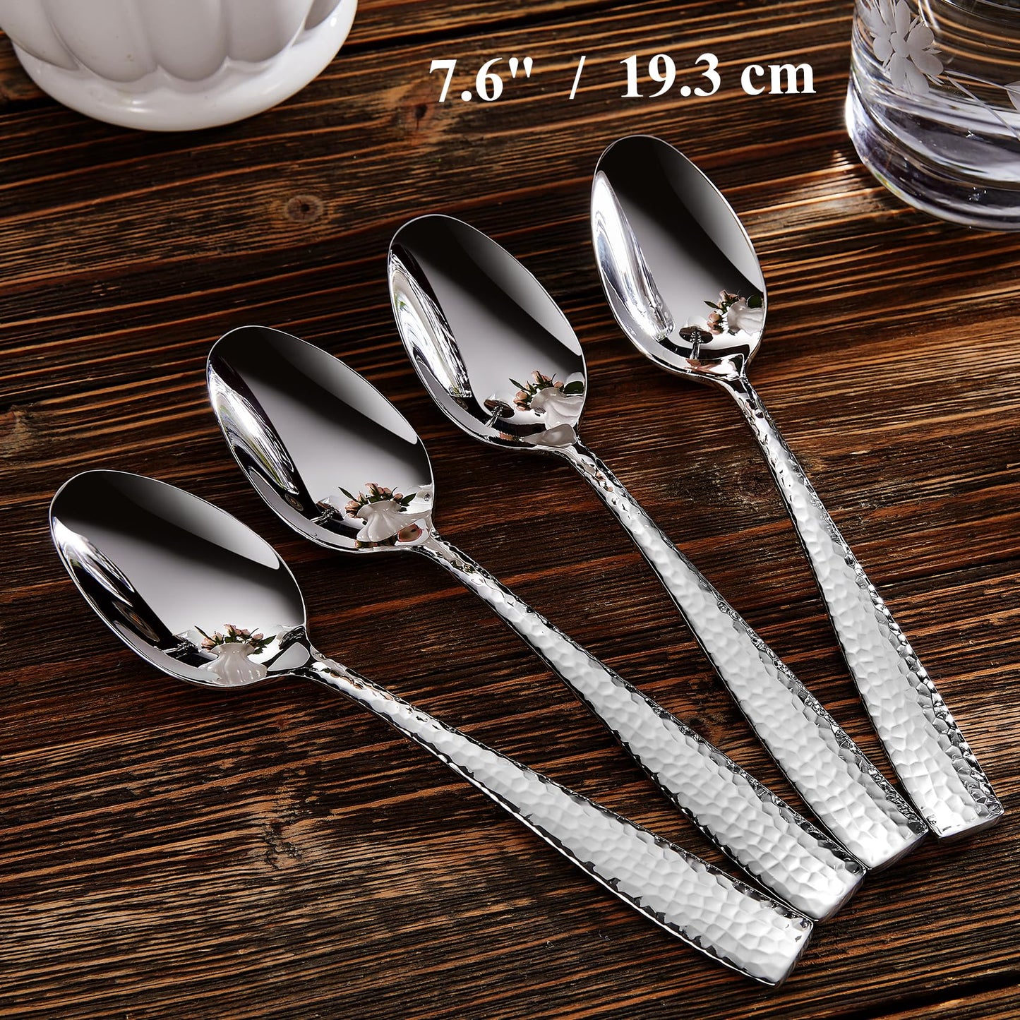 KEAWELL Premium 4-Piece Louis Hammered Spoons Set, 18/10 Stainless Steel, Set of 4, Fine Spoon Set with Squared Edge, Dishwasher Safe (7.6" Dinner Spoon)