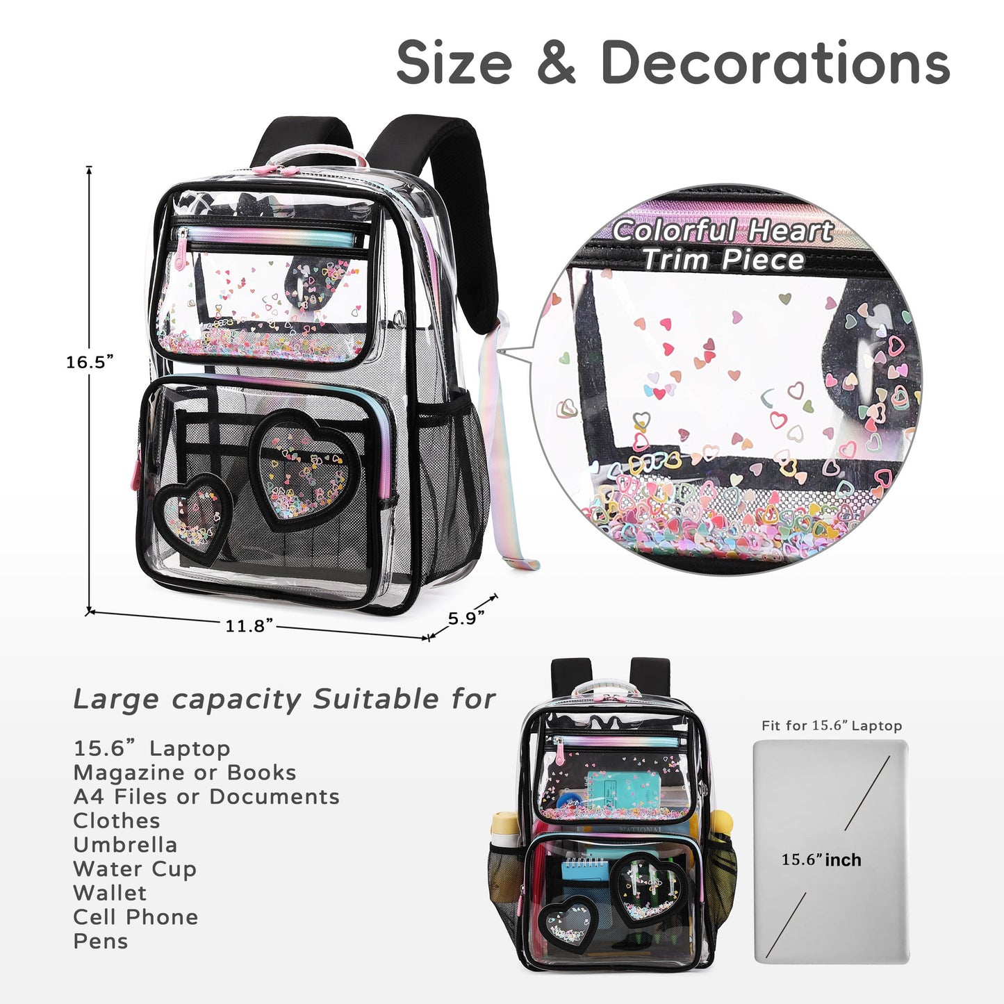 KIDNUO Clear Backpack for Girls,Clear Bookbag Heavy Duty Transparent Backpacks for Stadium Events, See Through Back Pack for Kindergarten Elementary Middle High School (Black)