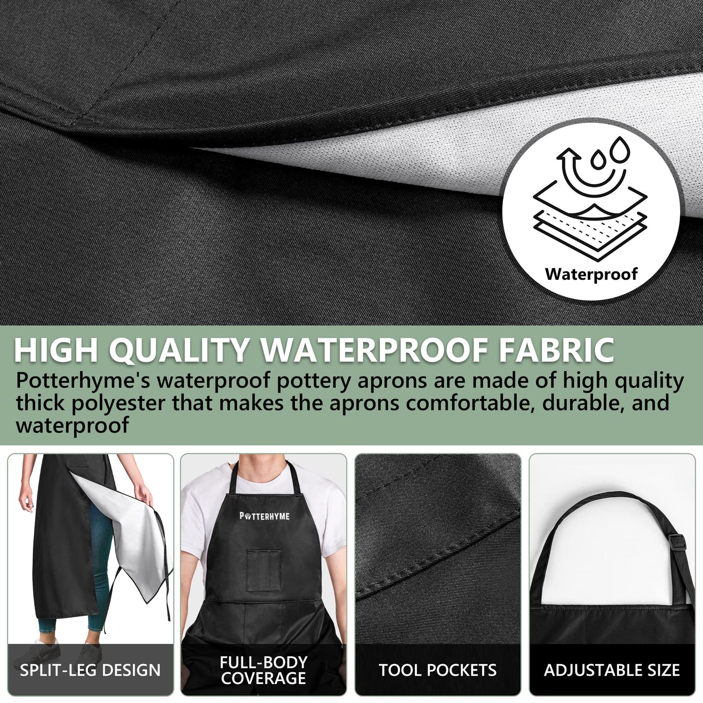 Potterhyme Reusable Full Coverage Waterproof Pottery Apron Split Leg - 100% Lined Polyester Apron For Men & Women - For Ceramic Wheel Throwing, Woodturning, Painting, and Clay or Tattoo Artists