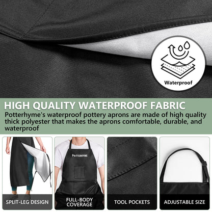 Potterhyme Reusable Full Coverage Waterproof Pottery Apron Split Leg - 100% Lined Polyester Apron For Men & Women - For Ceramic Wheel Throwing, Woodturning, Painting, and Clay or Tattoo Artists