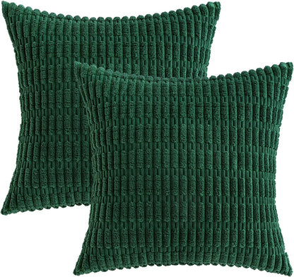 MIULEE Decorative Pillow Covers - Soft Dark Green Corduroy | Pack of 2, 18x18 Inch, Boho Striped Design for Modern Farmhouse Home Decor