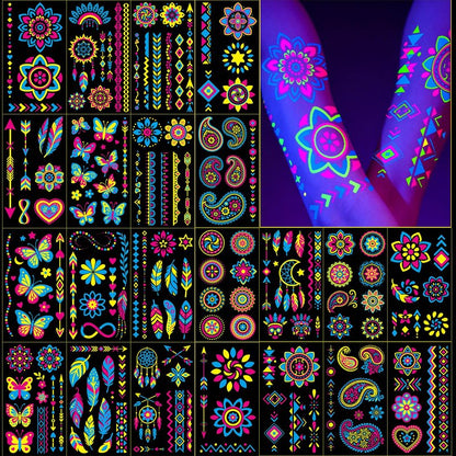 Glow in the Dark Party Supplies Temporary Tattoos 192+ PCS, Neon UV Blacklight Reactive Face Tattoos for for Party Supplies, Fluorescent Henna Flower Temporary Tattoos for Adults, Teens